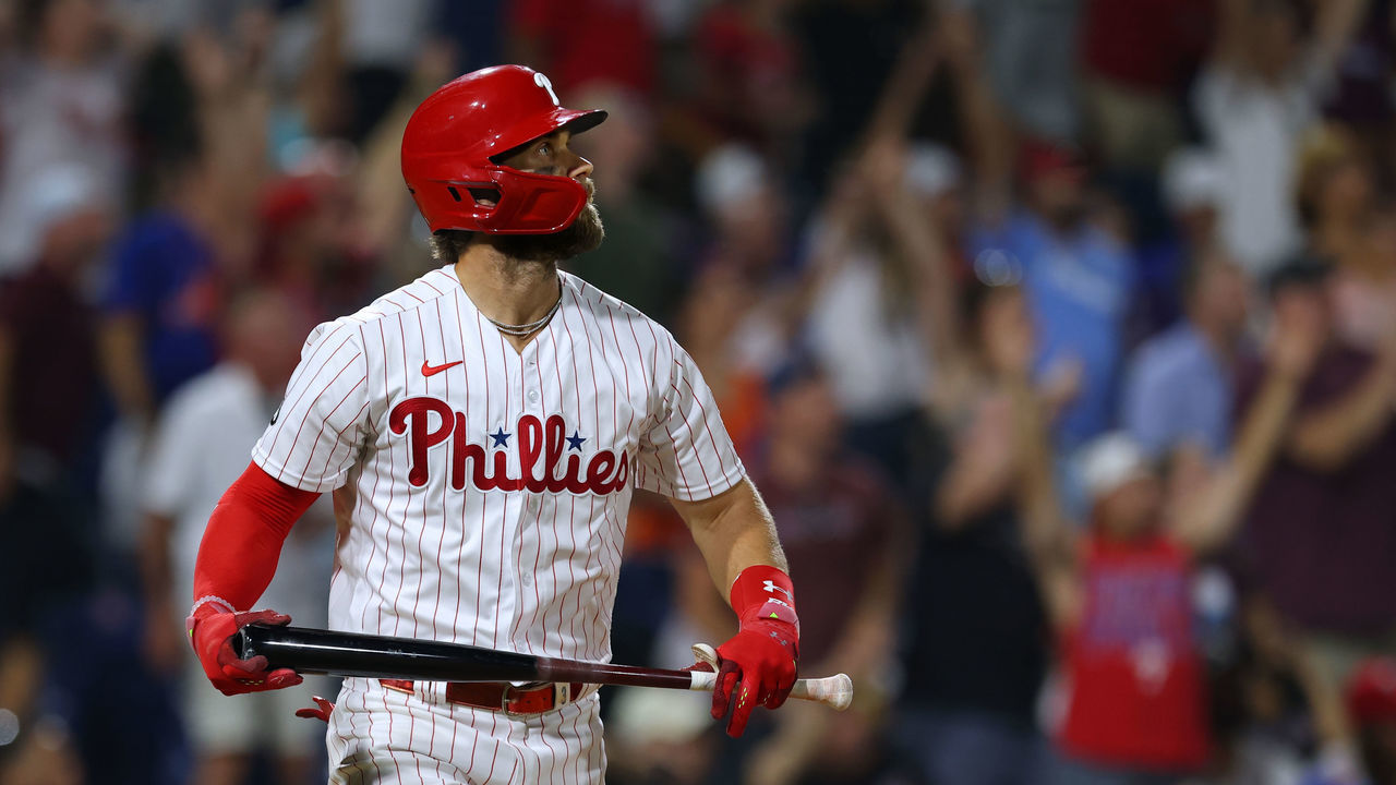 PHILADELPHIA, PA - AUGUST 06: Bryce Harper #3 of the Philadelphia Phillies watches his two-run home run against the New York Mets during the eighth inning of a game at Citizens Bank Park on August 6, 2021 in Philadelphia, Pennsylvania. The Phillies defeated the Mets 4-2.