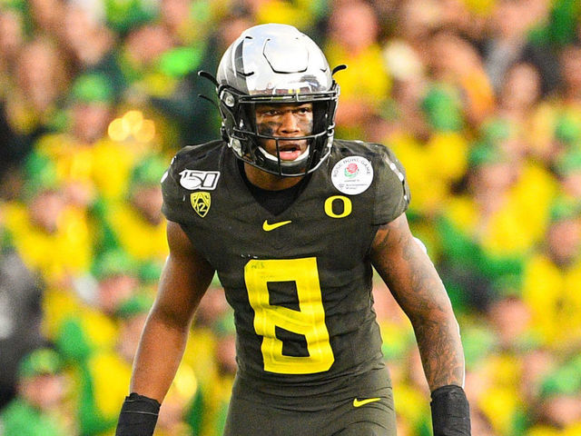 PASADENA, CA - JANUARY 01: Oregon Ducks (8) Jevon Holland (S) looks on during the Rose Bowl game between the Wisconsin Badgers and the Oregon Ducks on January 1, 2020 at the Rose Bowl in Pasadena, CA.