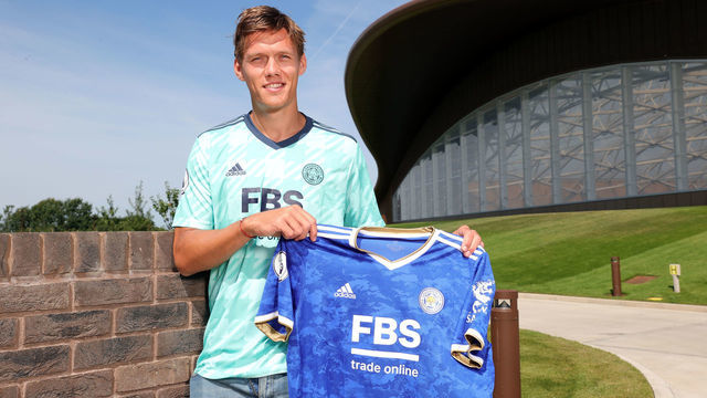 BARROW ON SOAR, ENGLAND - AUGUST 13: Jannik Vestergaard poses after signing for Leicester City at Seagrave on August 13, 2021 in Barrow On Soar, England.
