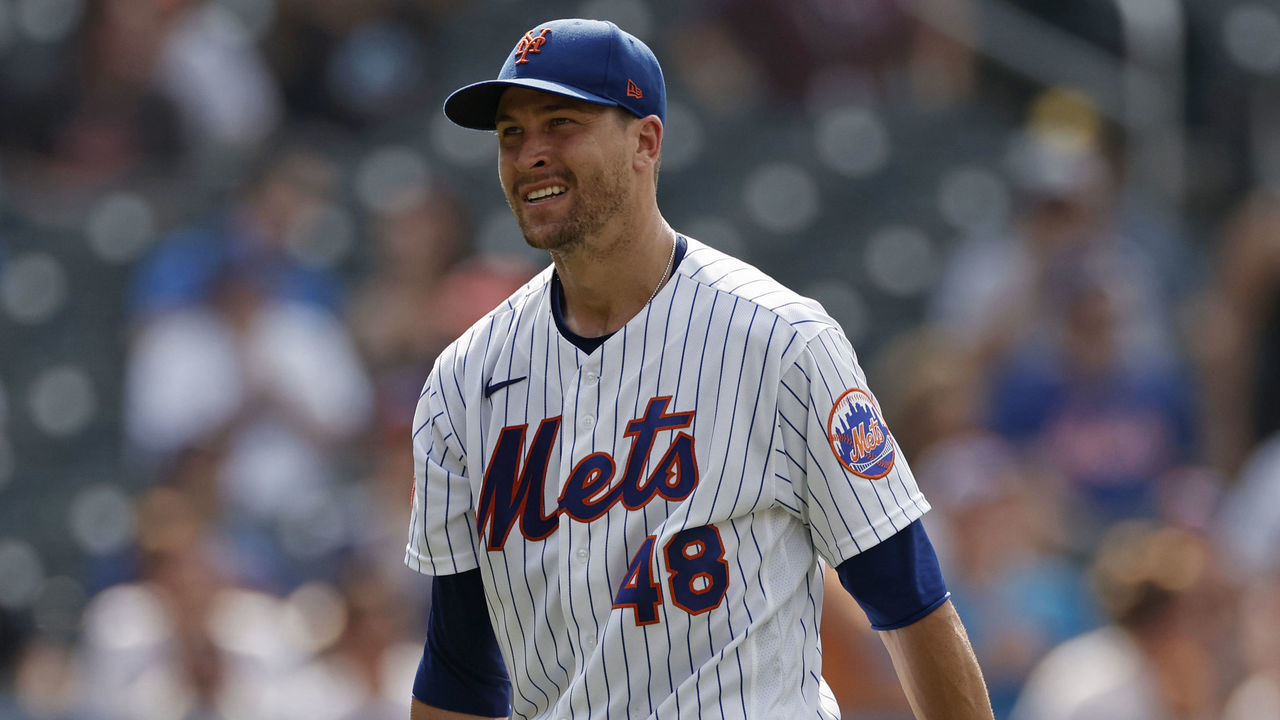 NEW YORK, NY - JULY 7: Jacob deGrom #48 of the New York Mets reacts walking to the dugout in the sixth inning against the Milwaukee Brewers during game one of a doubleheader at Citi Field on July 7, 2021 in the Flushing neighborhood of the Queens borough of New York City. The Mets won 4-3.