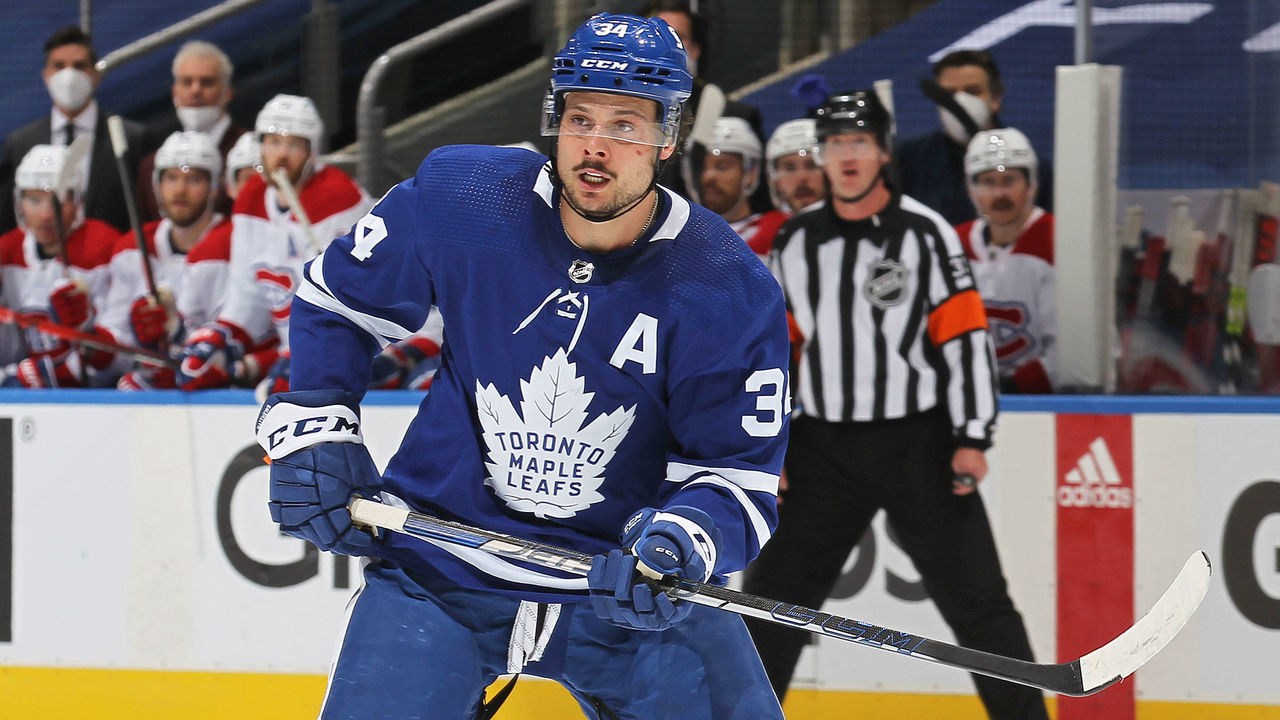 TORONTO, ON - MAY 31: Auston Matthews #34 of the Toronto Maple Leafs skates against the Montreal Canadiens during Game Seven of the First Round of the 2021 Stanley Cup Playoffs at Scotiabank Arena on May 31, 2021 in Toronto, Ontario, Canada.