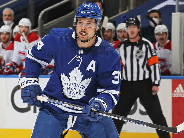 TORONTO, ON - MAY 31: Auston Matthews #34 of the Toronto Maple Leafs skates against the Montreal Canadiens during Game Seven of the First Round of the 2021 Stanley Cup Playoffs at Scotiabank Arena on May 31, 2021 in Toronto, Ontario, Canada.