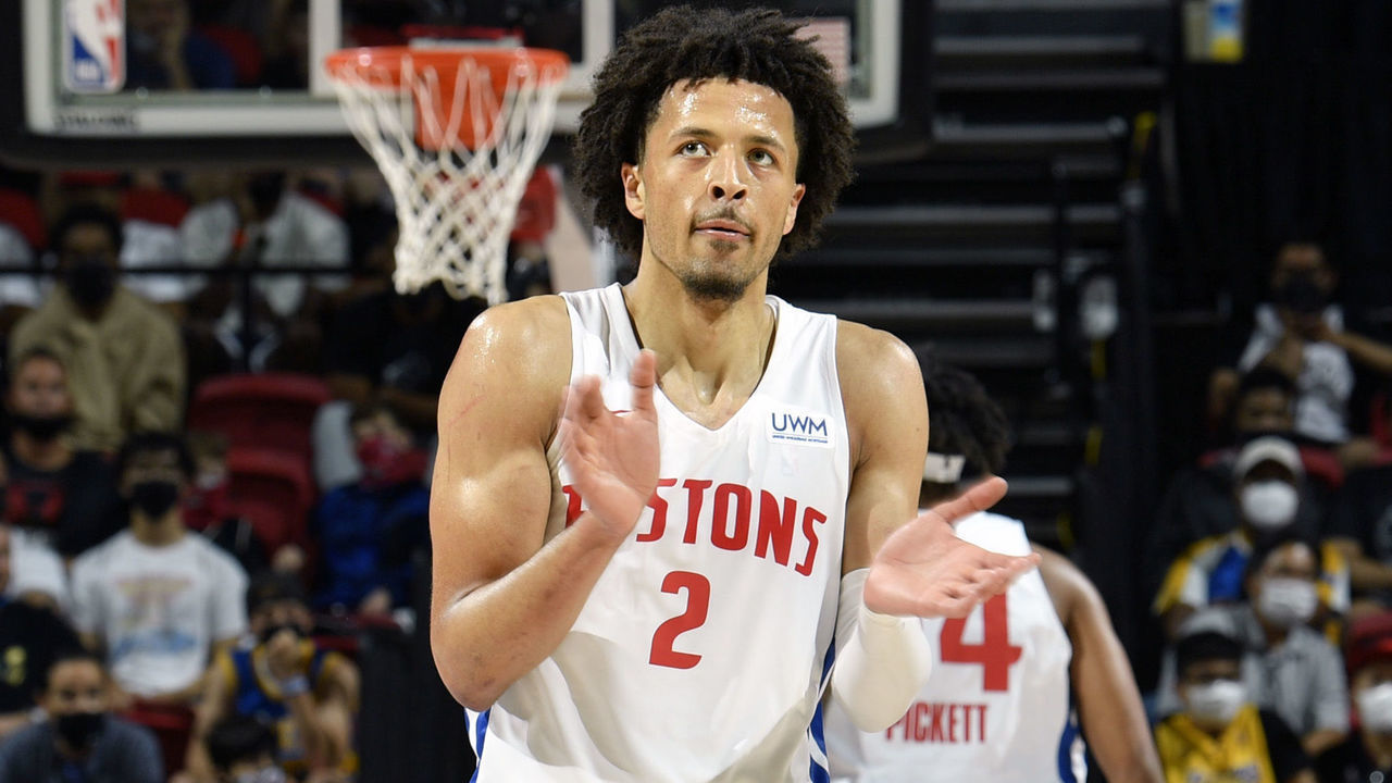 LAS VEGAS, NV - AUGUST 13: Cade Cunningham #2 of the Detroit Pistons celebrates during the game against the New York Knicks during the 2021 Las Vegas Summer League on August 13, 2021 at the Thomas & Mack Center in Las Vegas, Nevada. NOTE TO USER: User expressly acknowledges and agrees that, by downloading and/or using this Photograph, user is consenting to the terms and conditions of the Getty Images License Agreement. Mandatory Copyright Notice: Copyright 2021 NBAE