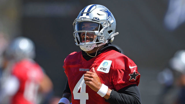 OXNARD, CA - AUGUST 03: Quarterback Dak Prescott #4 of the Dallas Cowboys participates in drills during practice at River Ridge Complex on August 3, 2021 in Oxnard, California.
