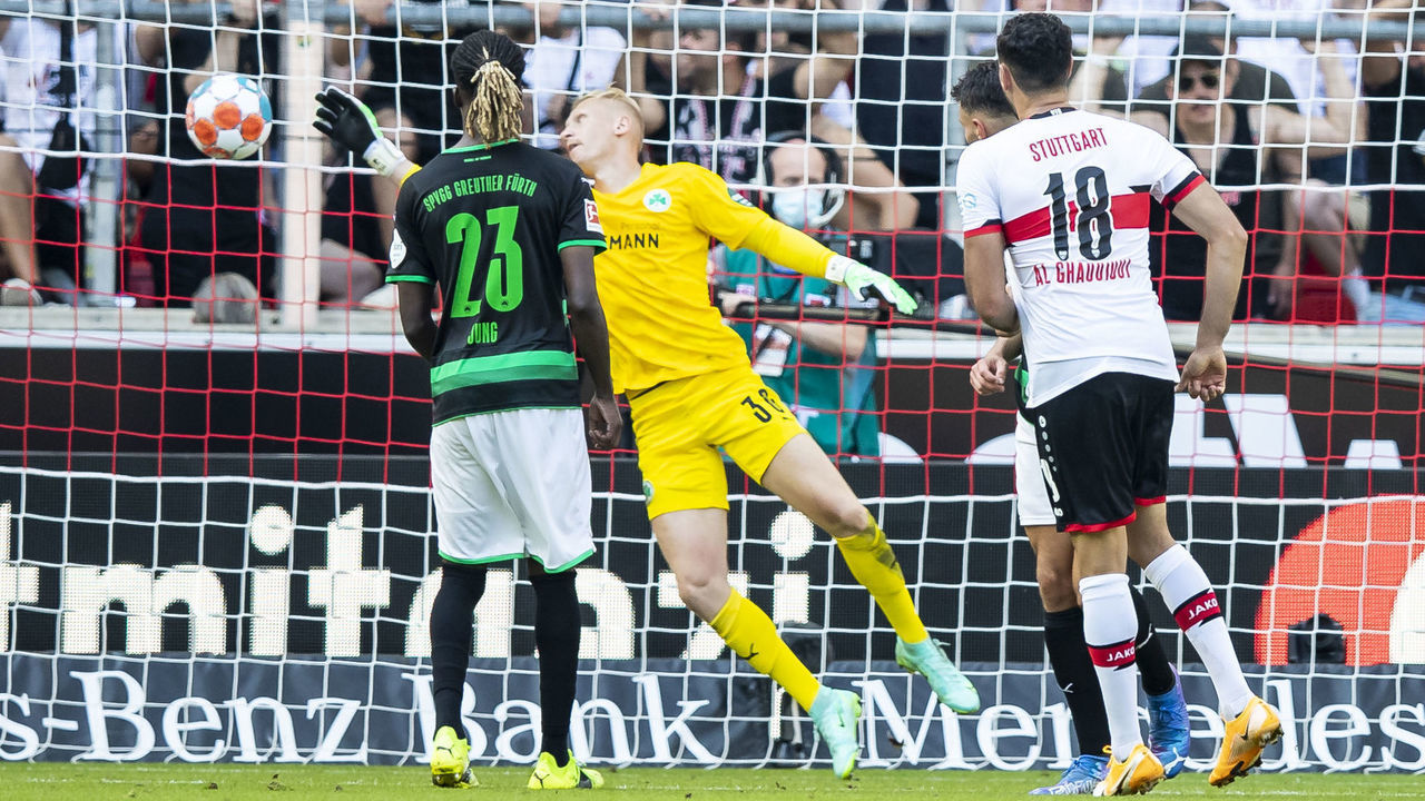 14 August 2021, Baden-Wuerttemberg, Stuttgart: Football: Bundesliga, VfB Stuttgart - SpVgg Greuther Fürth, Matchday 1 at Mercedes-Benz Arena. Stuttgart's Hamadi Al Ghaddioui (r) scores the goal to make it 4:0. Photo: Tom Weller/dpa - IMPORTANT NOTE: In accordance with the regulations of the DFL Deutsche Fußball Liga and/or the DFB Deutscher Fußball-Bund, it is prohibited to use or have used photographs taken in the stadium and/or of the match in the form of sequence pictures and/or video-like photo series.