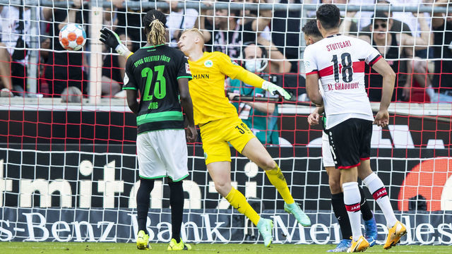 14 August 2021, Baden-Wuerttemberg, Stuttgart: Football: Bundesliga, VfB Stuttgart - SpVgg Greuther Fürth, Matchday 1 at Mercedes-Benz Arena. Stuttgart's Hamadi Al Ghaddioui (r) scores the goal to make it 4:0. Photo: Tom Weller/dpa - IMPORTANT NOTE: In accordance with the regulations of the DFL Deutsche Fußball Liga and/or the DFB Deutscher Fußball-Bund, it is prohibited to use or have used photographs taken in the stadium and/or of the match in the form of sequence pictures and/or video-like photo series.