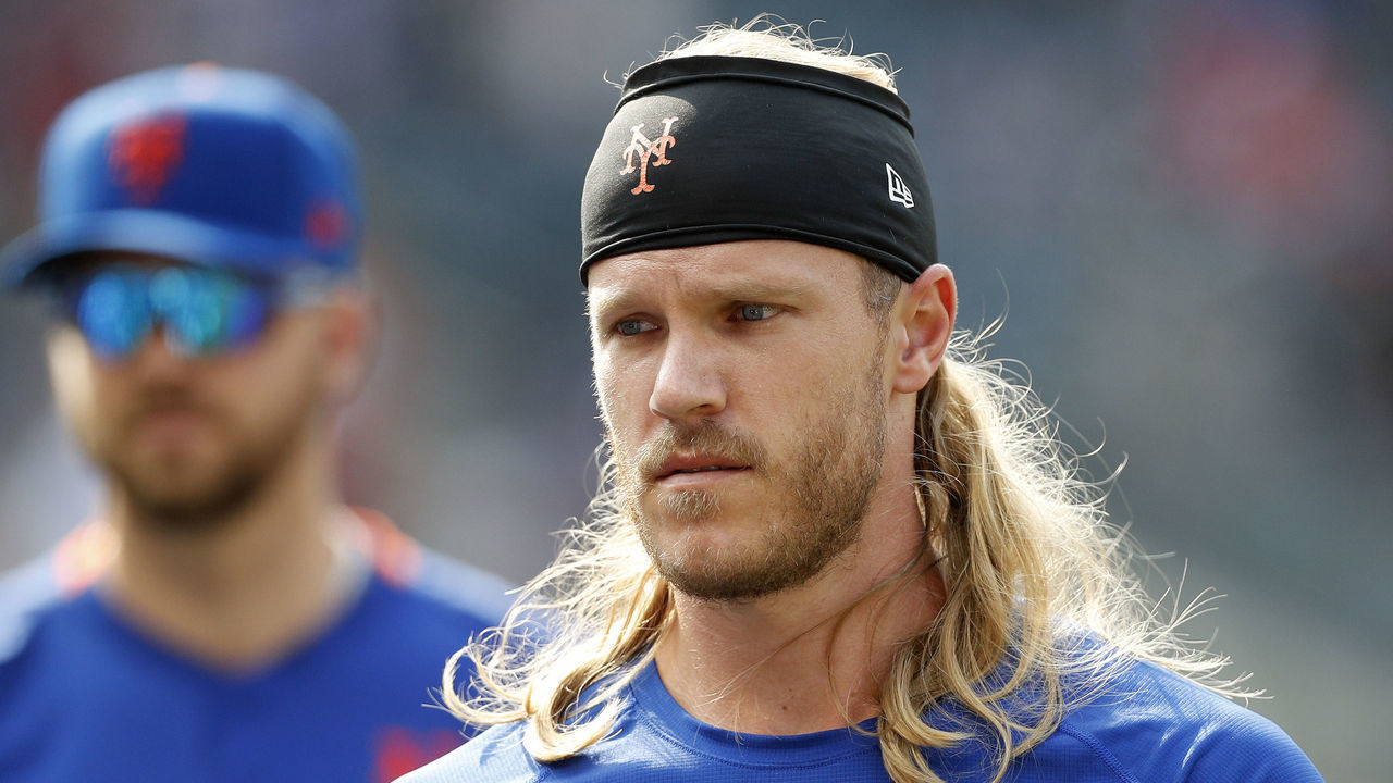 NEW YORK, NEW YORK - JULY 25: (NEW YORK DAILIES OUT) Noah Syndergaard #34 of the New York Mets looks on against the Toronto Blue Jays at Citi Field on July 25, 2021 in New York City. The Mets defeated the Blue Jays 5-4.