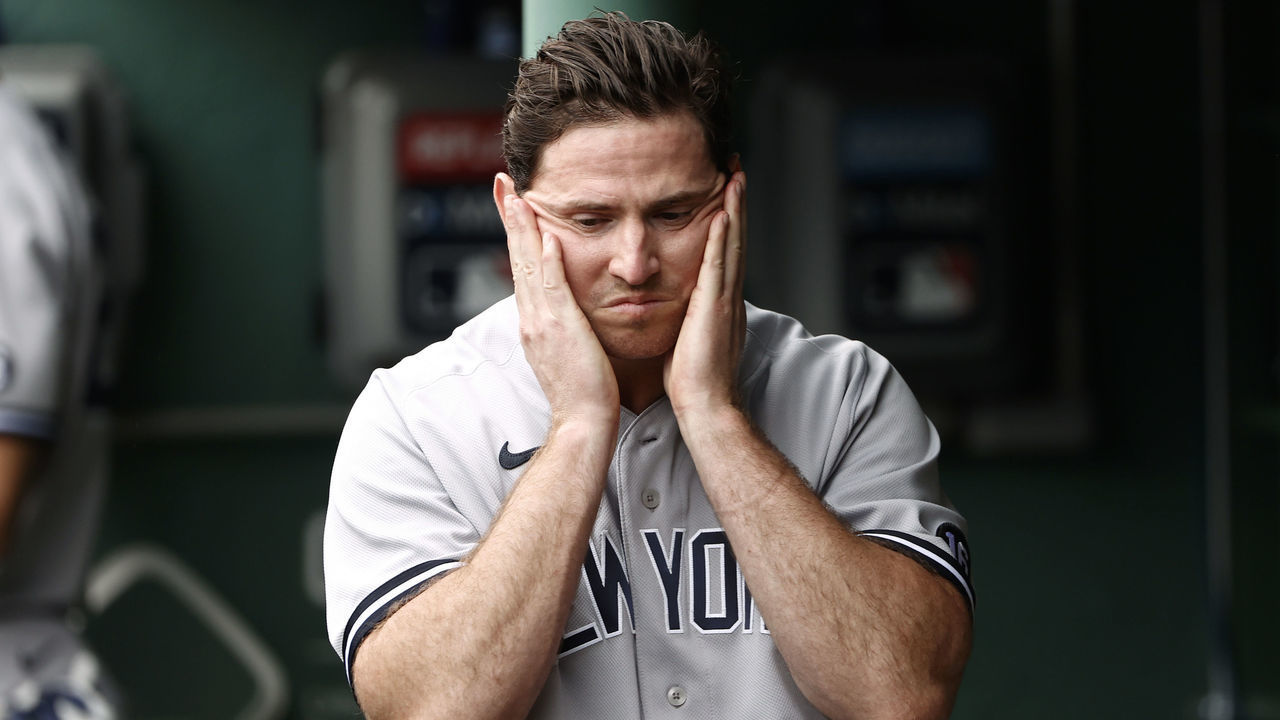 BOSTON, MA - JULY 25: Pitcher Zack Britton #53 of the New York Yankees walks in the dugout after giving up the go ahead sacrifice fly during the eighth inning of their 5-4 loss to the Boston Red Sox at Fenway Park on July 25, 2021 in Boston, Massachusetts.