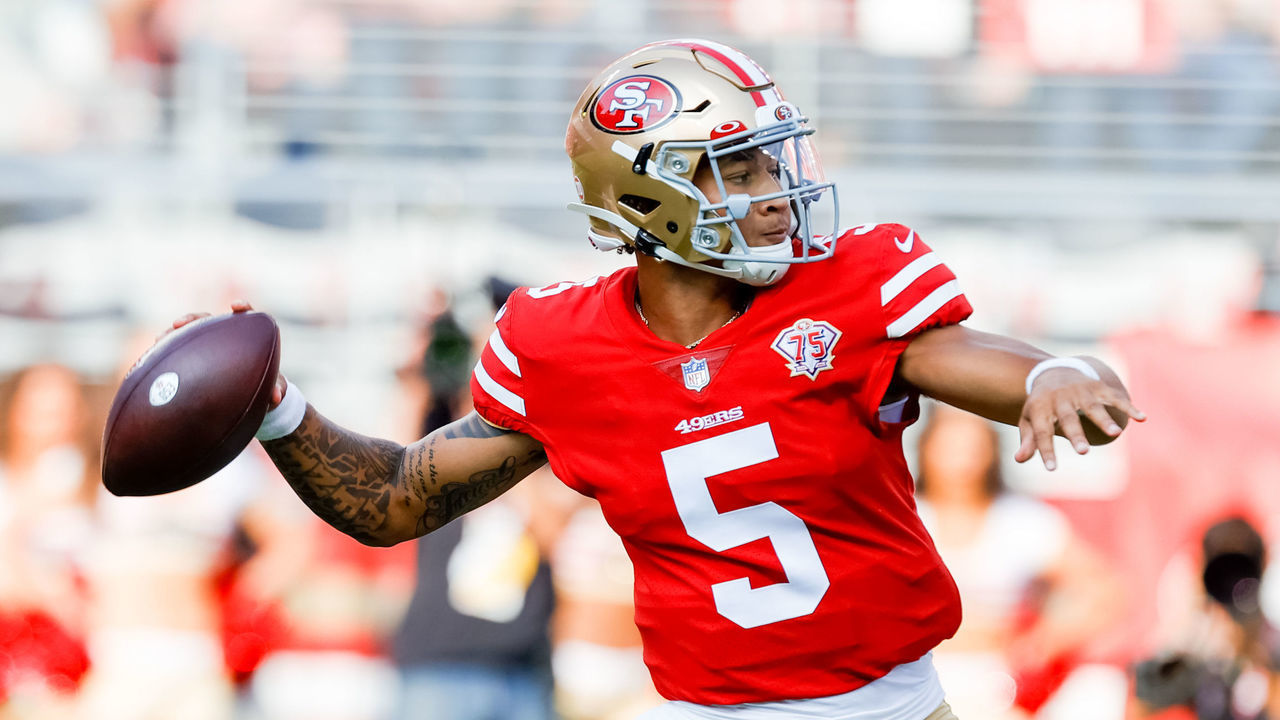 SANTA CLARA, CA - AUGUST 14: San Francisco 49ers quarterback Trey Lance (5) throws a touchdown pass during the NFL pro preseason football game between the Kansas City Chiefs and San Francisco 49ers on August 14, 2021 at Levis Stadium in Santa Clara, CA.