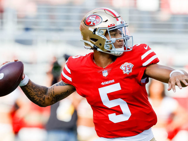 SANTA CLARA, CA - AUGUST 14: San Francisco 49ers quarterback Trey Lance (5) throws a touchdown pass during the NFL pro preseason football game between the Kansas City Chiefs and San Francisco 49ers on August 14, 2021 at Levis Stadium in Santa Clara, CA.
