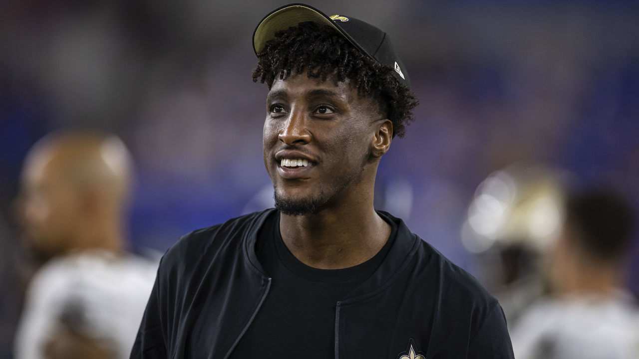 BALTIMORE, MD - AUGUST 14: Michael Thomas #13 of the New Orleans Saints looks on from the sidelines during the second half of a preseason game against the Baltimore Ravens at M&T Bank Stadium on August 14, 2021 in Baltimore, Maryland.
