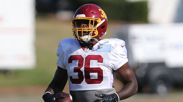 ASHBURN, VA - AUGUST 08: Washington Football Team running back Lamar Miller (36) participates in drills during the Washington Football Team training camp practice on August 8, 2021, at the Washington Football Teams training facility Inova Sports Performance Center in Ashburn, VA.