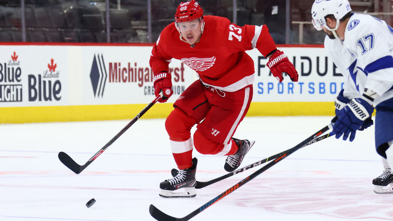 DETROIT, MICHIGAN - MAY 01: Adam Erne #73 of the Detroit Red Wings skates against the Tampa Bay Lightning at Little Caesars Arena on May 01, 2021 in Detroit, Michigan.