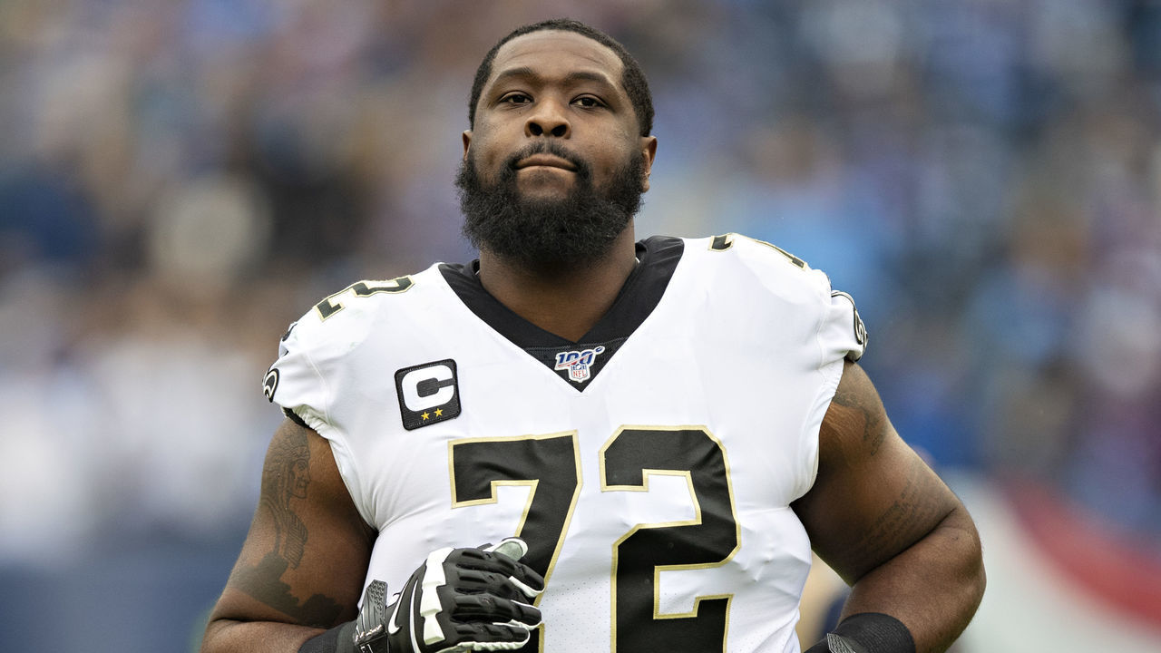 NASHVILLE, TN - DECEMBER 22: Terron Armstead #72 of the New Orleans Saints on the sidelines before a game against the Tennessee Titans at Nissan Stadium on December 22, 2019 in Nashville, Tennessee. The Saints defeated the Titans 38-28.