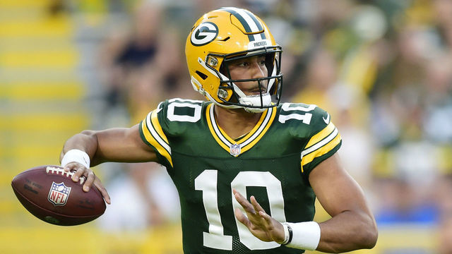 GREEN BAY, WISCONSIN - AUGUST 14: Jordan Love #10 of the Green Bay Packers throws a pass against the Houston Texans in the first half during the preseason game at Lambeau Field on August 14, 2021 in Green Bay, Wisconsin.