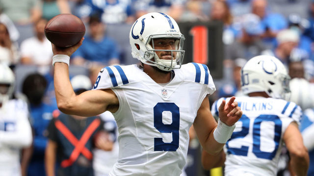 INDIANAPOLIS, INDIANA - AUGUST 15: Jacob Eason #9 of the Indianapolis Colts throws a pass during the first quarter in the preseason game against the Carolina Panthers at Lucas Oil Stadium on August 15, 2021 in Indianapolis, Indiana.