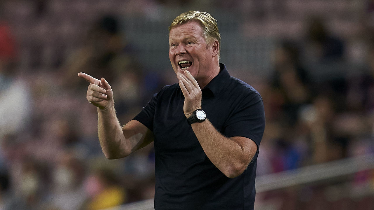 BARCELONA, SPAIN - AUGUST 15: Ronald Koeman, Manager of FC Barcelona reacts during the La Liga Santander match between FC Barcelona and Real Sociedad at Camp Nou on August 15, 2021 in Barcelona, Spain.