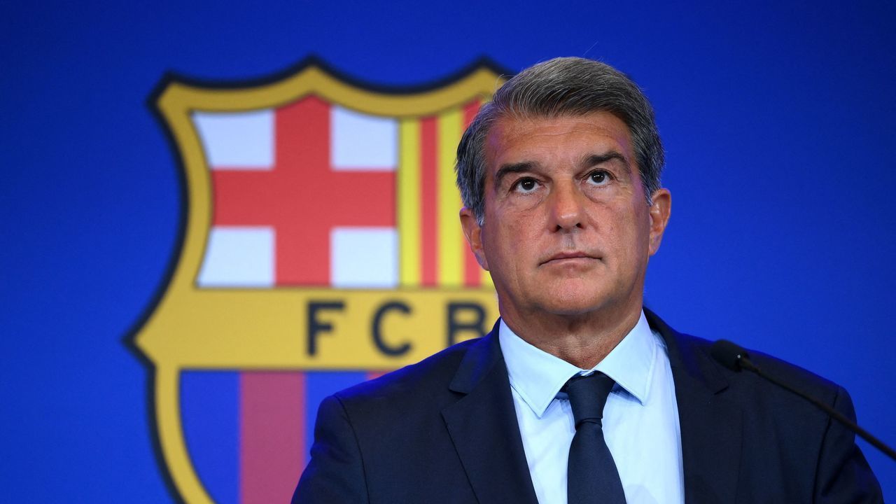 President of FC Barcelona Joan Laporta gestures during a press conference at the Camp Nou stadium in Barcelona on August 16, 2021. - Joan Laporta explains the economic results of Due Diligence.
