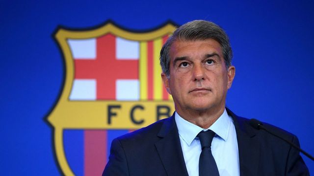 President of FC Barcelona Joan Laporta gestures during a press conference at the Camp Nou stadium in Barcelona on August 16, 2021. - Joan Laporta explains the economic results of Due Diligence.