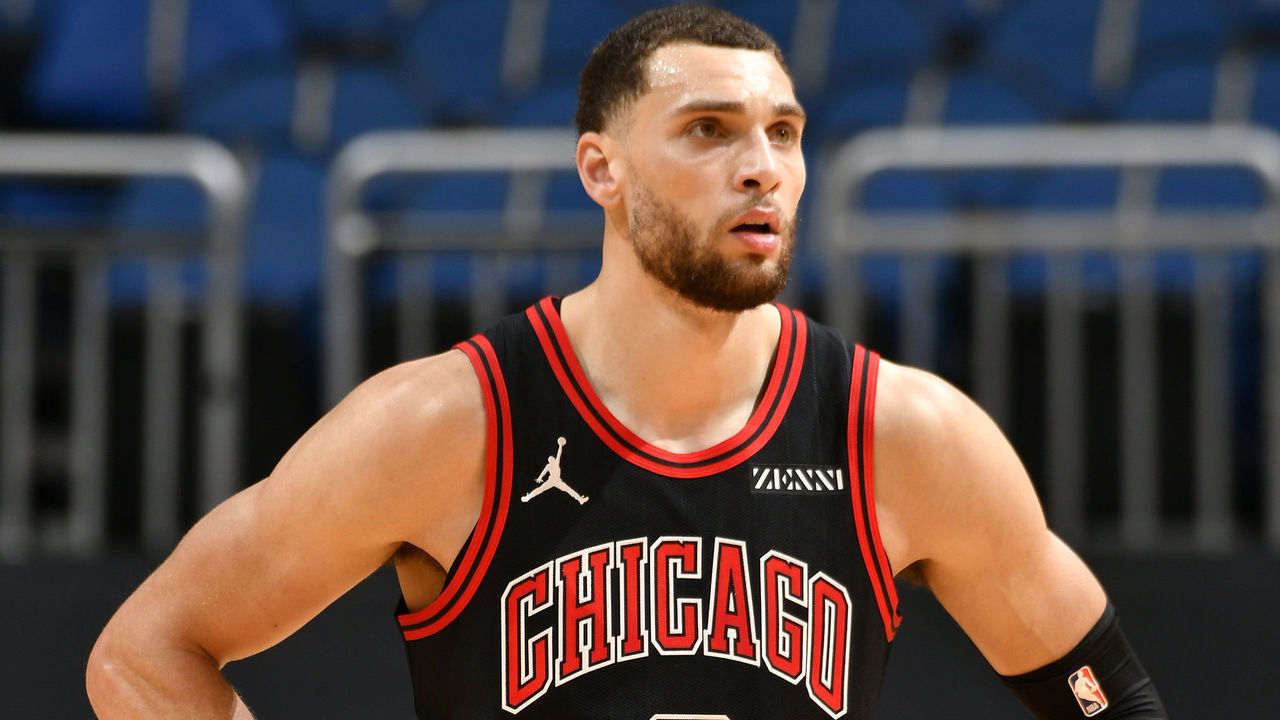 ORLANDO, FL - FEBRUARY 6: Zach LaVine #8 of the Chicago Bulls looks on during the game against the Orlando Magic on February 6, 2021 at Amway Center in Orlando, Florida. Mandatory Copyright Notice: Copyright 2021 NBAE