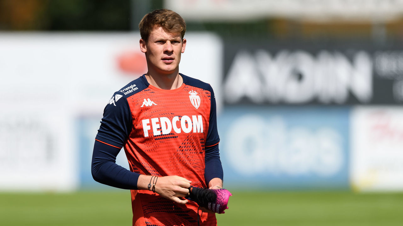 ZELL AM SEE, AUSTRIA - JULY 03: (BILD ZEITUNG OUT) Alexander Nuebel of AS Monaco looks on during the AS Monaco Training Camp on July 3, 2021 in Zell am See, Austria.