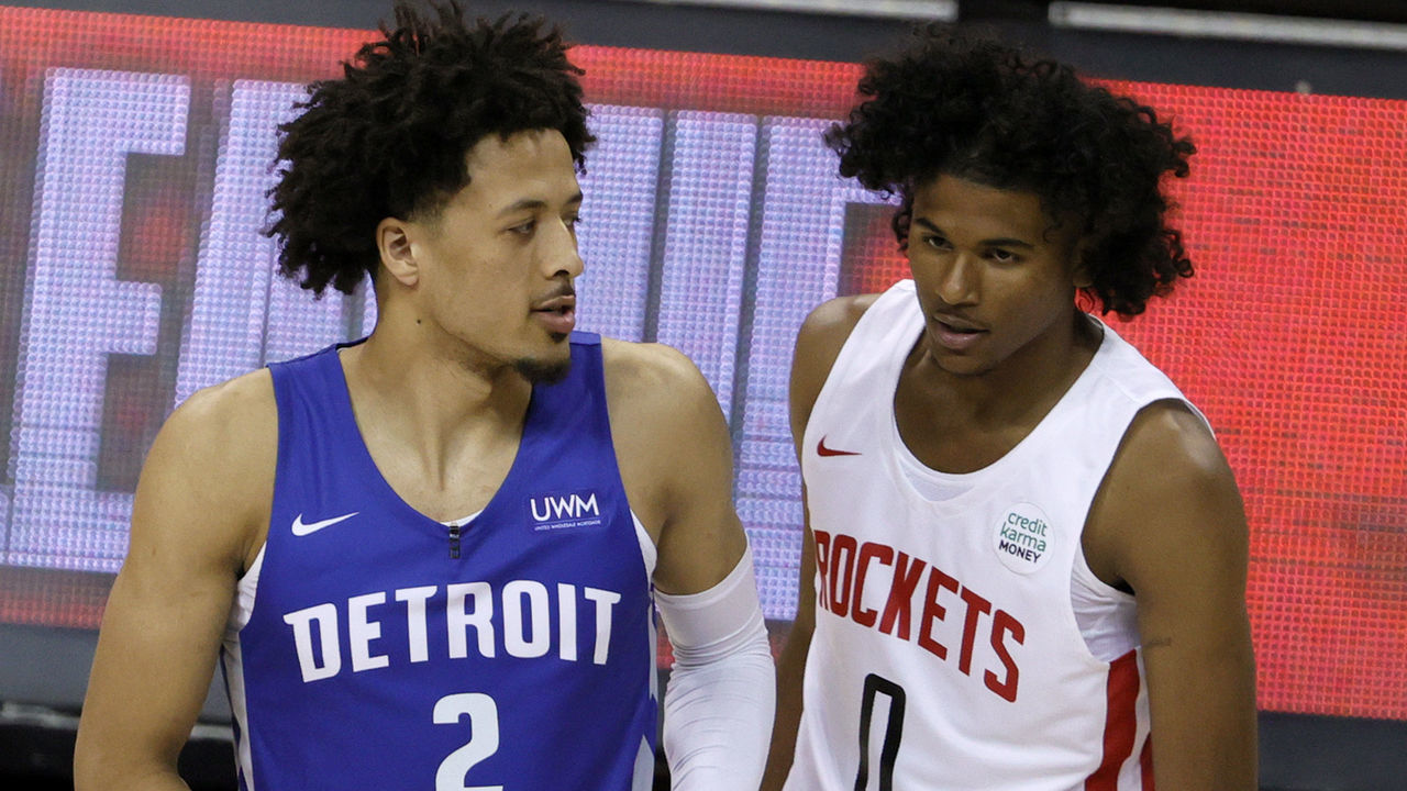 LAS VEGAS, NEVADA - AUGUST 10: Cade Cunningham #2 of the Detroit Pistons and Jalen Green #0 of the Houston Rockets wait for the start of their game during the 2021 NBA Summer League at the Thomas & Mack Center on August 10, 2021 in Las Vegas, Nevada.