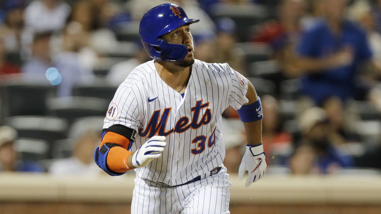 NEW YORK, NEW YORK - AUGUST 14: Michael Conforto #30 of the New York Mets watches the flight of his fourth inning home run against the Los Angeles Dodgers at Citi Field on August 14, 2021 in New York City.