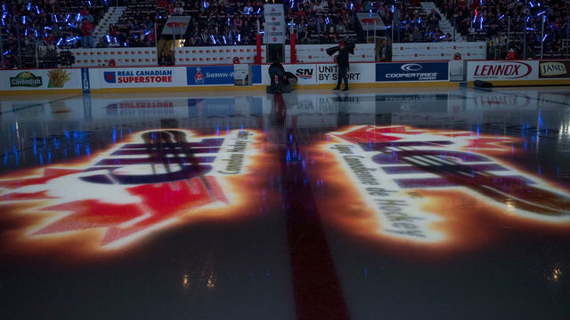 REGINA, SK - MAY 18: The CHL logo is reflected on the ice at the start of game one between the Regina Pats and the Hamilton Bulldogs at Brandt Centre - Evraz Place on May 18, 2018 in Regina, Canada.