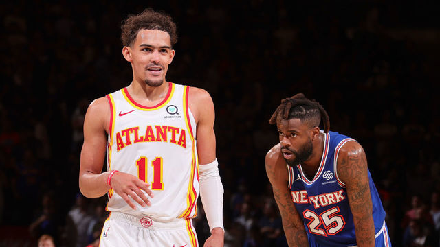 NEW YORK, NY - JUNE 2: Trae Young #11 of the Atlanta Hawks and Reggie Bullock #25 of the New York Knicks look on during Round 1, Game 5 of the 2021 NBA Playoffs on June 2, 2021 at Madison Square Garden in New York City, New York. Mandatory Copyright Notice: Copyright 2021 NBAE