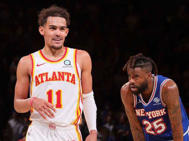 NEW YORK, NY - JUNE 2: Trae Young #11 of the Atlanta Hawks and Reggie Bullock #25 of the New York Knicks look on during Round 1, Game 5 of the 2021 NBA Playoffs on June 2, 2021 at Madison Square Garden in New York City, New York. Mandatory Copyright Notice: Copyright 2021 NBAE