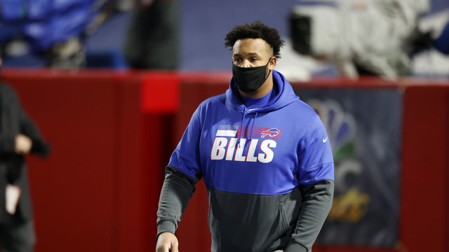 ORCHARD PARK, NEW YORK - JANUARY 16: Dion Dawkins #73 of the Buffalo Bills warms up prior to an AFC Divisional Playoff game against the Baltimore Ravens at Bills Stadium on January 16, 2021 in Orchard Park, New York.