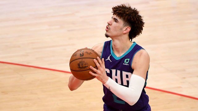 WASHINGTON, DC - MAY 16: LaMelo Ball #2 of the Charlotte Hornets shoots against the Washington Wizards during the second half at Capital One Arena on May 16, 2021 in Washington, DC.