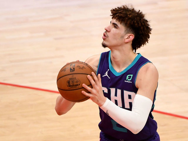 WASHINGTON, DC - MAY 16: LaMelo Ball #2 of the Charlotte Hornets shoots against the Washington Wizards during the second half at Capital One Arena on May 16, 2021 in Washington, DC.
