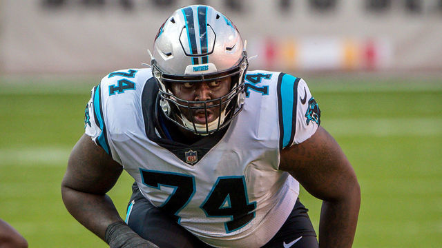 KANSAS CITY, MO - NOVEMBER 08: Carolina Panthers offensive tackle Greg Little (74) ready for the play during the game against the Kansas City Chiefs at Arrowhead Stadium in Kansas City, Missouri.