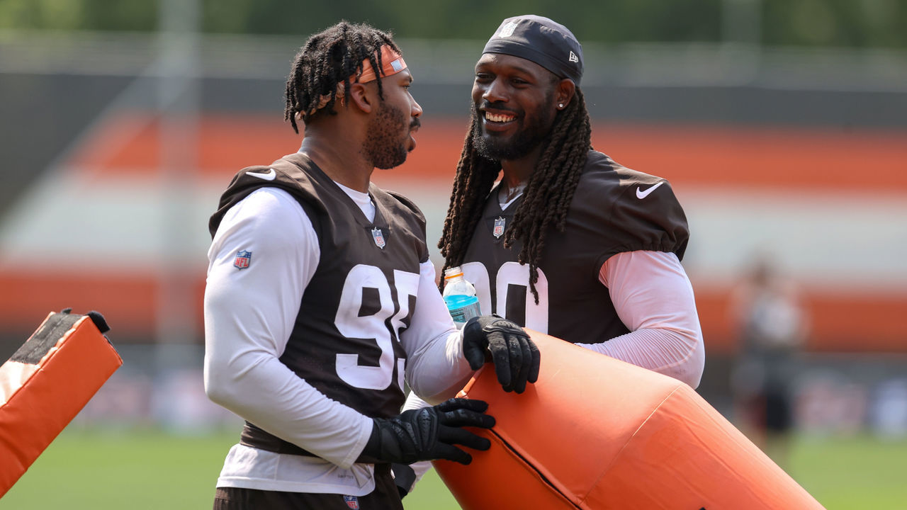 BEREA, OH - AUGUST 07: Cleveland Browns defensive end Myles Garrett (95) and Cleveland Browns defensive end Jadeveon Clowney (90) on the field during the Cleveland Browns Training Camp on August 7, 2021, at the at the Cleveland Browns Training Facility in Berea, Ohio.