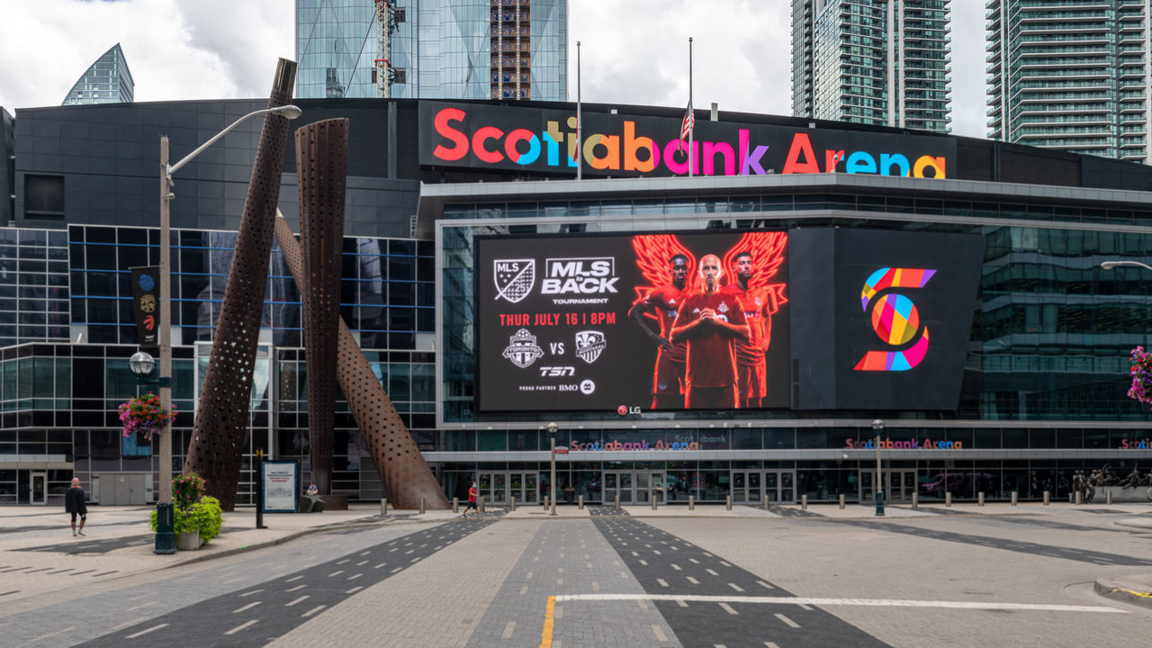 TORONTO, ONTARIO, CANADA - 2020/07/14: The new facade design of the Scotiabank Arena formerly Air Canada Centre.