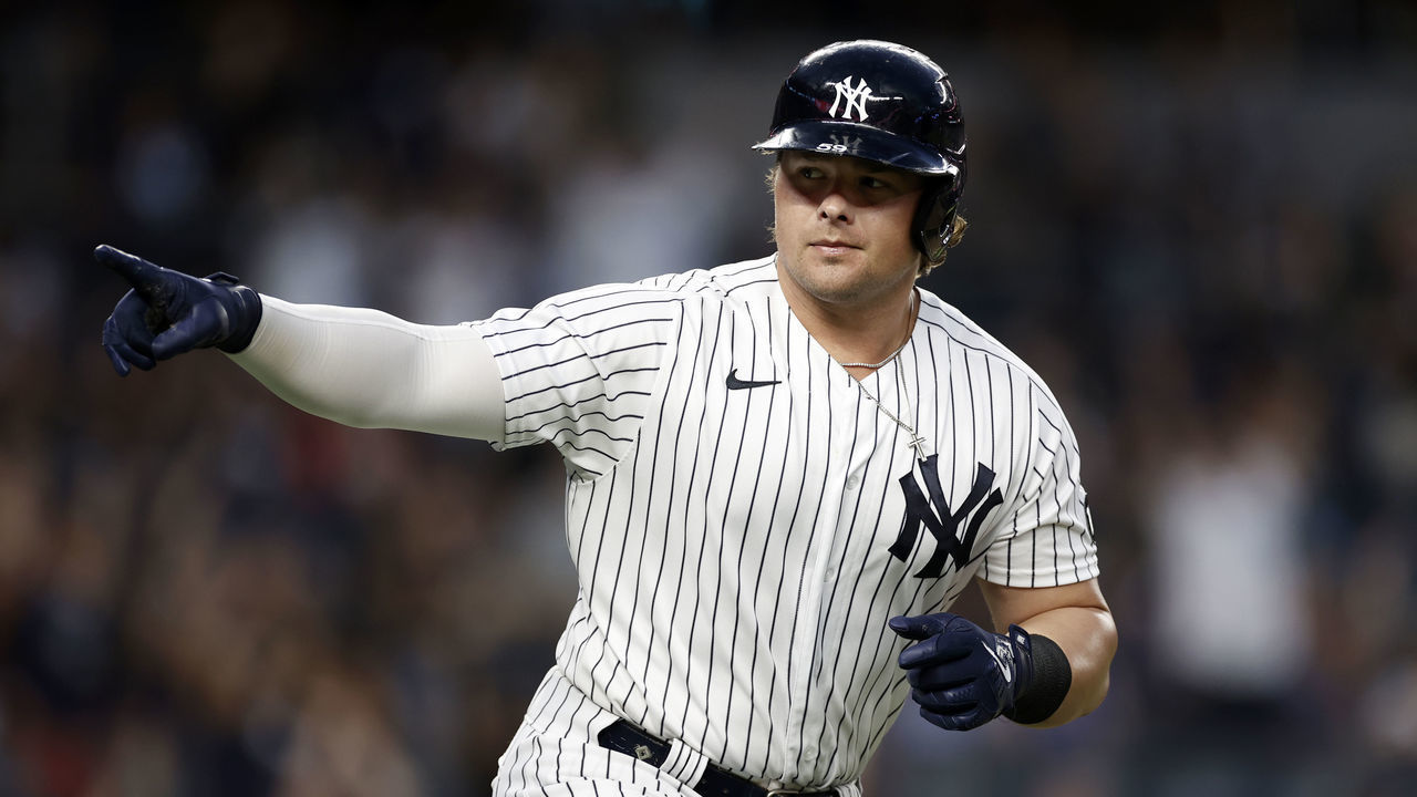 NEW YORK, NY - AUGUST 17: Luke Voit #59 of the New York Yankees celebrates hitting a home run against the Boston Red Sox in the second inning during game two of a doubleheader at Yankee Stadium on August 17, 2021 in New York City.