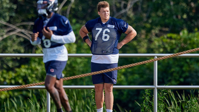 LAKE FOREST, IL - JULY 29: Chicago Bears offensive tackle Teven Jenkins (76) looks on in action during the Chicago Bears training camp on July 29, 2021 at Halas Hall in Lake Forest, IL.