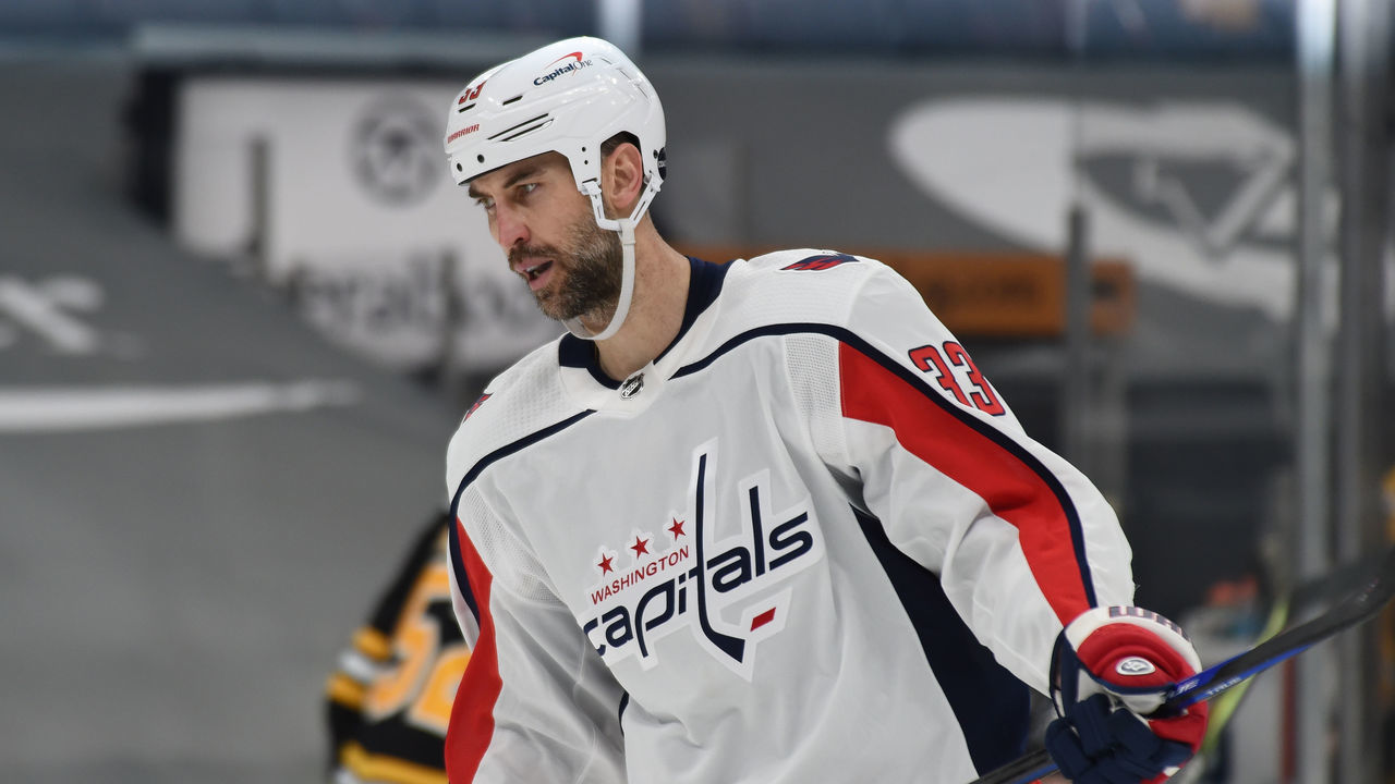 BOSTON, MA - MAY 21: Zdeno Chara #33 of the Washington Capitals skates against the Boston Bruins in Game Four of the First Round of the 2021 Stanley Cup Playoffs at the TD Garden on May 21, 2021 in Boston, Massachusetts.