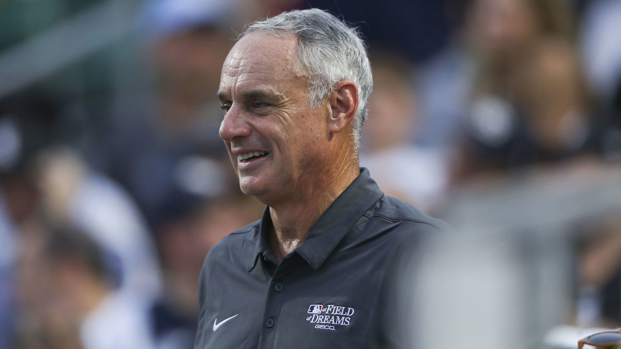DYERSVILLE, IL - AUGUST 12: Major League Baseball Commissioner Rob Manfred stands during the game between the New York Yankees and the Chicago White Sox at MLB Field at Field of Dreams on Thursday, August 12, 2021 in Dyersville, Iowa.