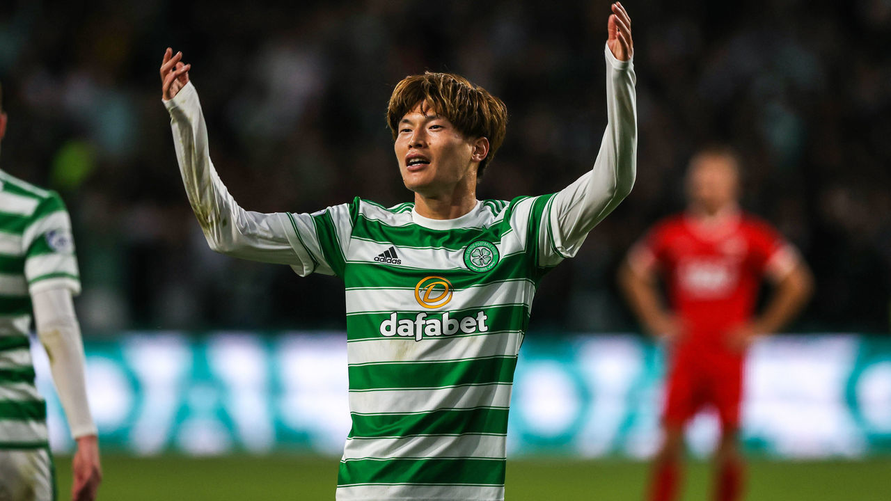 GLASGOW, SCOTLAND - AUGUST 18: Kyogo Furuhashi celebrates Celtic going 2-0 ahead during a UEFA Europa League qualifier between Celtic and AZ Alkmaar at Celtic Park, on August 18, 2021, in Glasgow, Scotland.