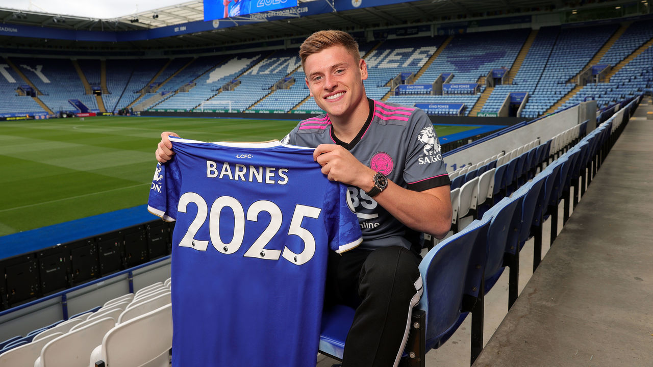 LEICESTER, ENGLAND - AUGUST 19: Harvey Barnes poses after signing a new contract at Leicester City at King Power Stadium on August 19, 2021 in Leicester, United Kingdom.