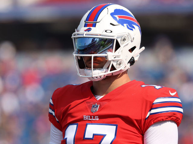 ORCHARD PARK, NY - AUGUST 07: Josh Allen #17 of the Buffalo Bills during training camp at Highmark Stadium on August 7, 2021 in Orchard Park, New York.