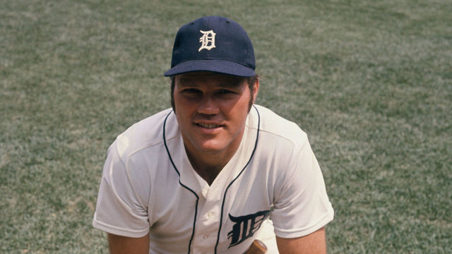 5/1972- Detroit, MI: Waist-up portrait of Detroit Tigers' catcher Bill Freehan in uniform, kneeling.