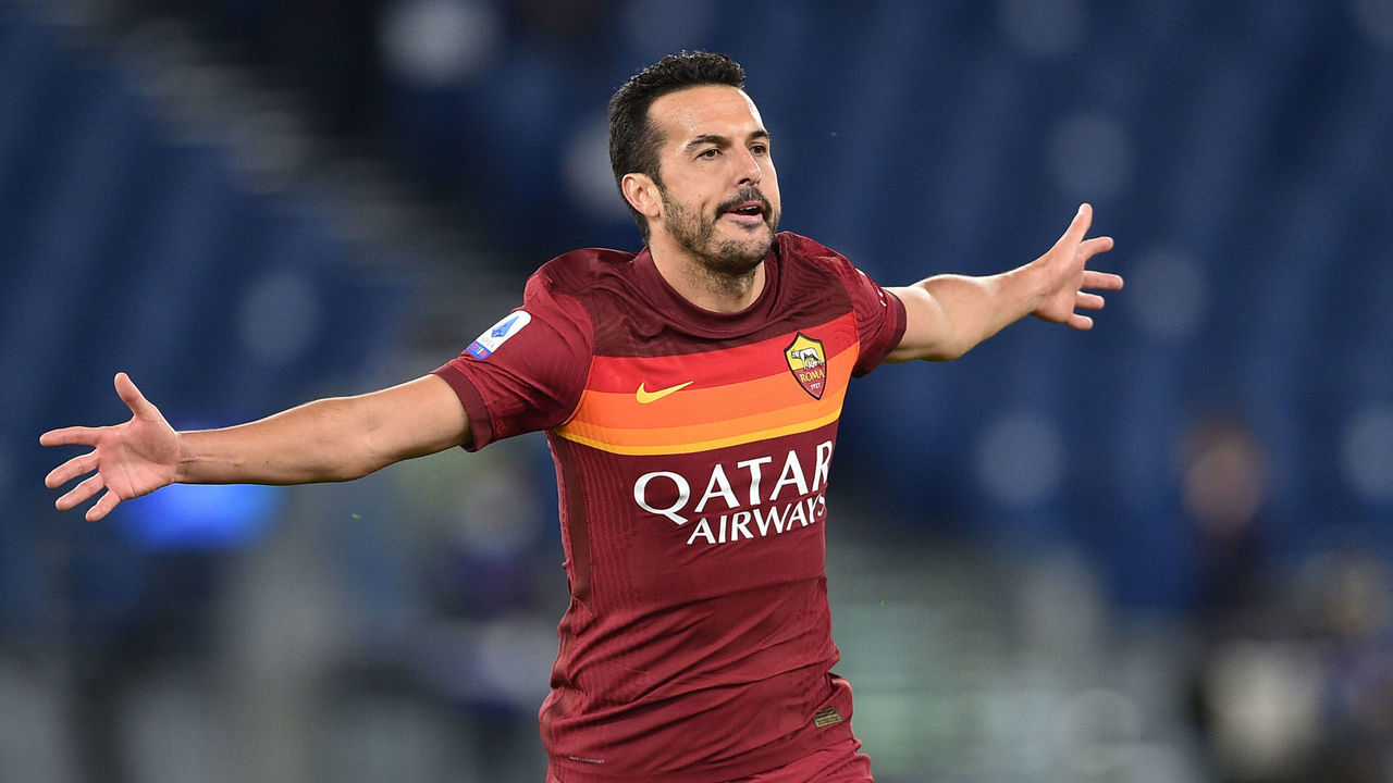 ROME, ITALY - May 15 : Pedro Rodriguez of AS Roma celebrates after scoring a goal during Italian Serie A soccer match between AS Roma and SS Lazio at Stadio Olimpico on May 15,2021 in Rome Italy.
