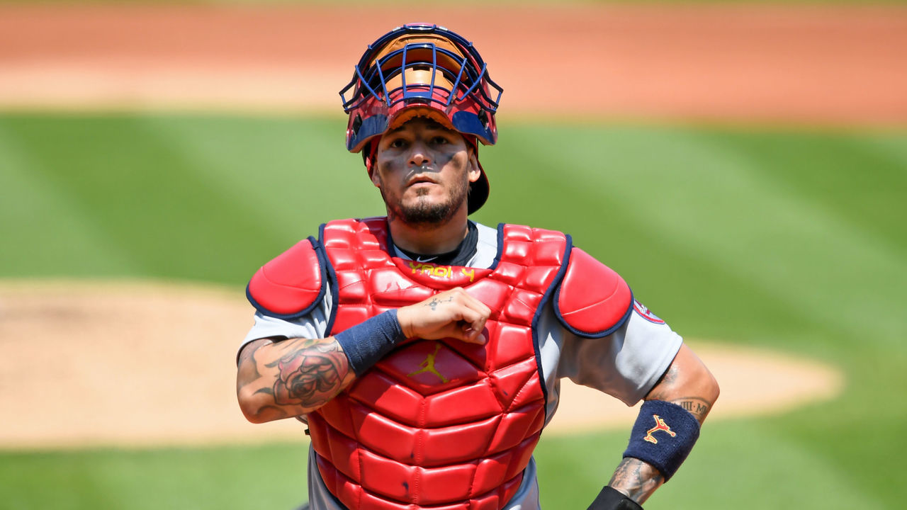 CLEVELAND, OH - JULY 28, 2021: Yadier Molina #4 of the St. Louis Cardinals looks on in the first inning against the Cleveland Indians at Progressive Field on July 28, 2021 in Cleveland, Ohio.