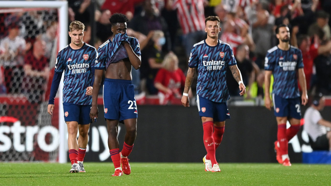 BRENTFORD, ENGLAND - AUGUST 13: Albert Sambi Lokonga of Arsenal looks dejected after they concede their second goal during the Premier League match between Brentford and Arsenal at Brentford Community Stadium on August 13, 2021 in Brentford, England.
