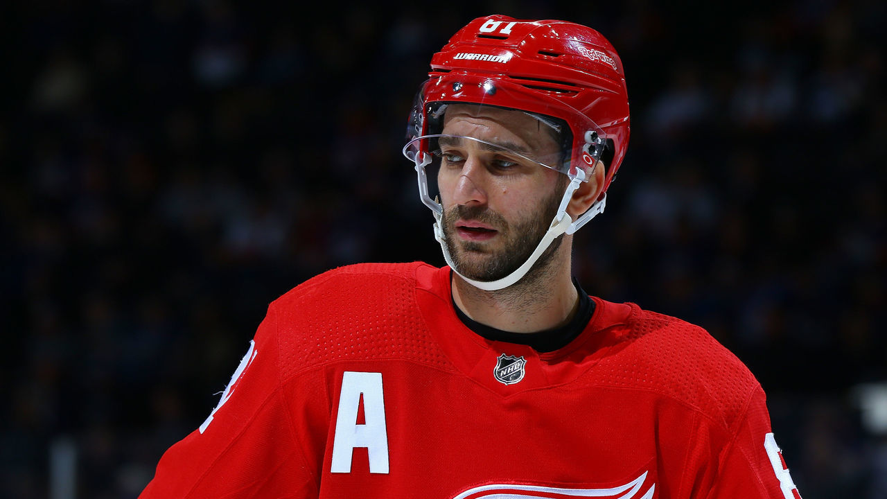 UNIONDALE, NEW YORK - FEBRUARY 21: Frans Nielsen #81 of the Detroit Red Wings skates against the New York Islanders at NYCB Live's Nassau Coliseum on February 21, 2020 in Uniondale, New York. New York Islanders defeated the Detroit Red Wings 4-1.