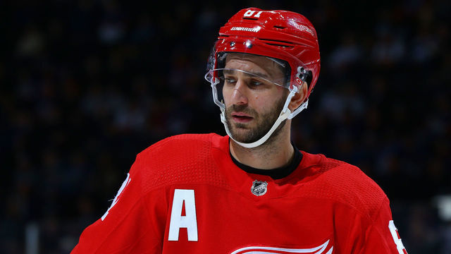 UNIONDALE, NEW YORK - FEBRUARY 21: Frans Nielsen #81 of the Detroit Red Wings skates against the New York Islanders at NYCB Live's Nassau Coliseum on February 21, 2020 in Uniondale, New York. New York Islanders defeated the Detroit Red Wings 4-1.