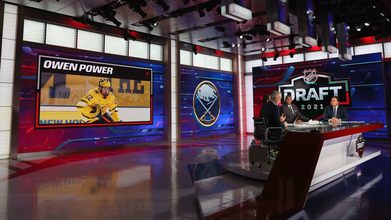 SECAUCUS, NEW JERSEY - JULY 23: With the first pick in the 2021 NHL Entry Draft, the Buffalo Sabres select Owen Power during the first round of the 2021 NHL Entry Draft at the NHL Network studios on July 23, 2021 in Secaucus, New Jersey.